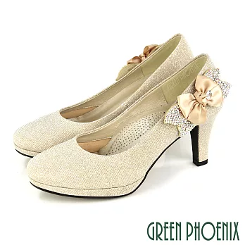【GREEN PHOENIX】女 高跟鞋 婚鞋 宴會鞋 蝴蝶結 花 水鑽 金蔥 全真皮 防水台 台灣製 JP22 金色