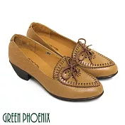 【GREEN PHOENIX】女 牛津鞋 粗跟 花邊 雷射雕花 綁帶 全真皮 EU37 棕色