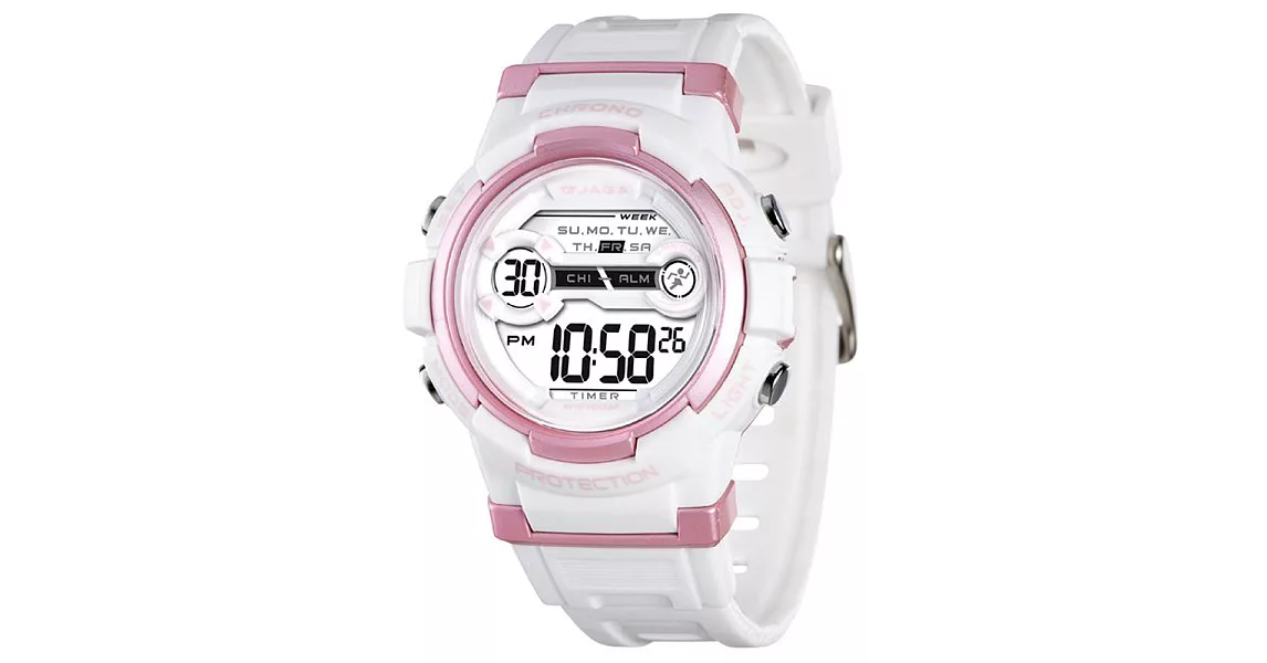 JAGA捷卡 M1126 繽紛雙色多功能運動防水電子錶- 白粉 DG