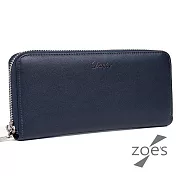 【Zoe’s】頂級牛皮 平紋 拉鍊式長夾 (深邃藍)
