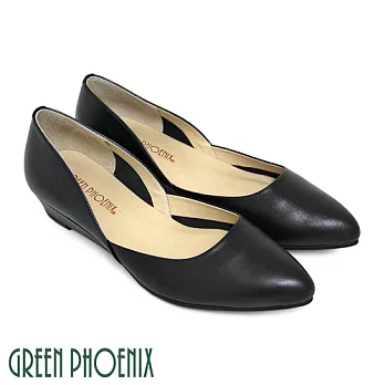 ◤Green Phoenix◥極簡素面皮革壓花紋全真皮小坡跟尖頭鞋US7黑色
