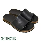 【GREEN PHOENIX】男 拖鞋 素面 寬版帶 全真皮 平底 台灣製 EU42 黑色