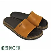 【GREEN PHOENIX】女 拖鞋 素面 寬版帶 全真皮 平底 台灣製 EU35 黃色