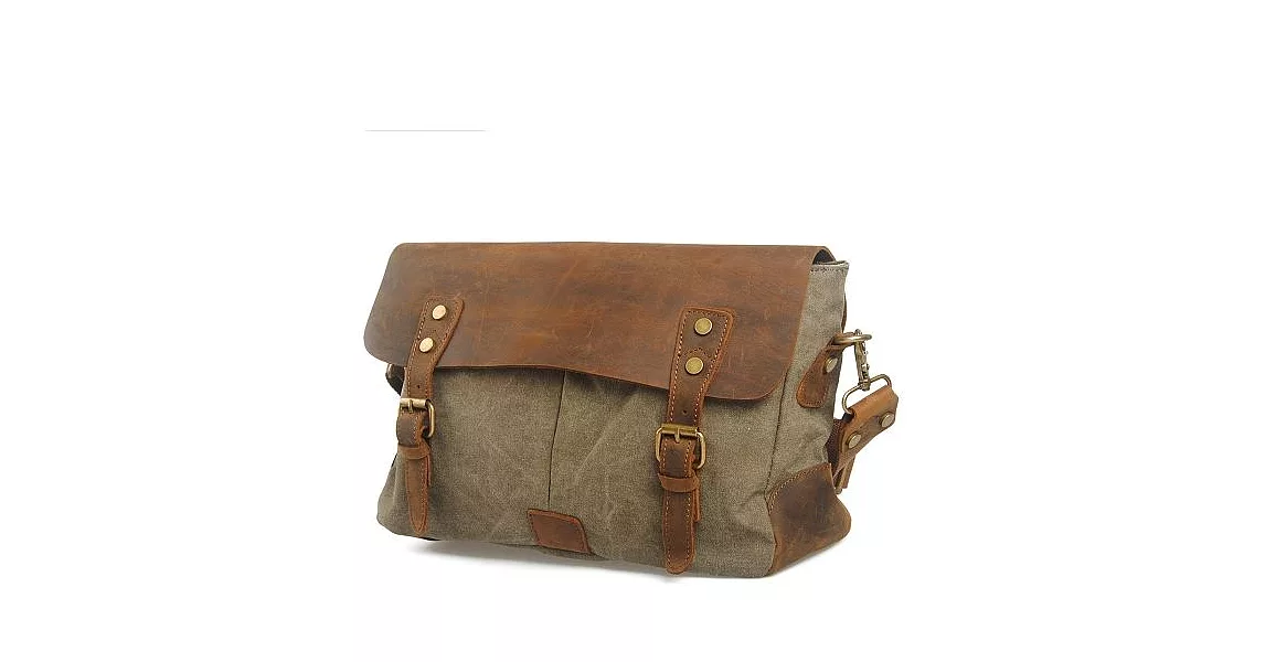 【Zoe’s】韓版學院風率性真皮帆布郵差包(軍綠)