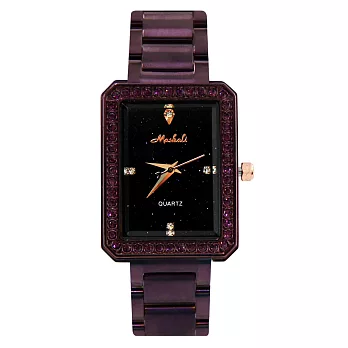 Mashali 瑪莎莉 88151 方形鑲鑽黑夜星空鐵帶錶- 紫色