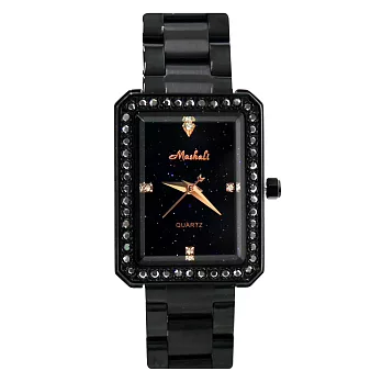 Mashali 瑪莎莉 88151 方形鑲鑽黑夜星空鐵帶錶- 黑色