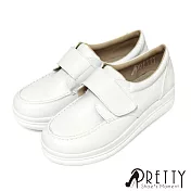 【Pretty】女 護士鞋 休閒鞋 小白鞋 寬版 沾黏式 厚底 台灣製 JP23 白色