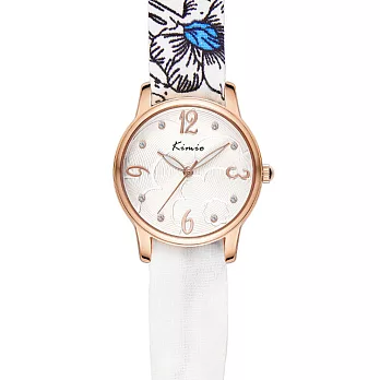 Kimio 金米歐 D5009M 氣質緞帶優雅指針鑲鑽女錶(隨機附贈緞帶)- 白色