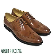 【GREEN PHOENIX】男 紳士皮鞋 德比鞋 商務皮鞋 漸層 渲染 雷射雕花 綁帶 全真皮 EU40 棕色