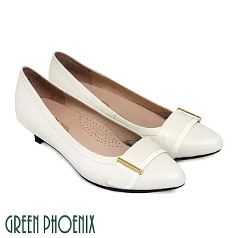 ◤Green Phoenix◥知性優雅寬版金屬裝飾扣尖頭低跟包鞋JP23.5米色