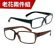 【KEL MODE 老花眼鏡】台灣製造 超輕量時尚中性款-方框2支咖+黑100度