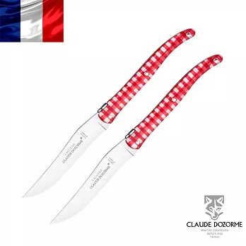 法國【Claude Dozorme】Laguiole基本細柄系列-Vichy紅方格織布餐刀(木禮盒組2入)