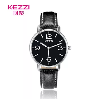 KEZZI珂紫 K-1824 顯眼大數字凸玻鏡面休閒皮帶錶- 黑帶黑面