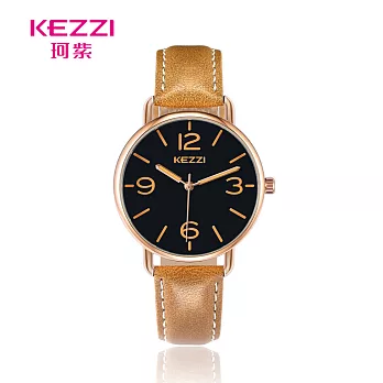 KEZZI珂紫 K-1824 顯眼大數字凸玻鏡面休閒皮帶錶- 棕帶黑面