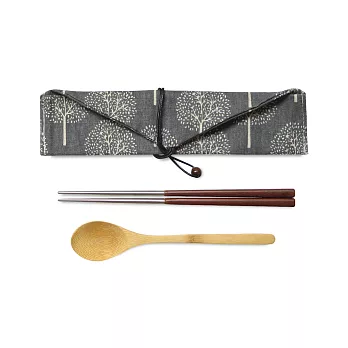 la-boos 不鏽鋼隨行餐具組（304不鏽鋼木筷＋深色厚棉麻布套＋竹湯匙） 黑木筷＋深色布