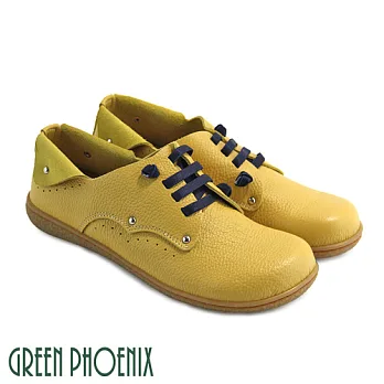 ◤Green Phoenix◥雙彩撞色彈性鬆緊翻領全真皮平底休閒鞋EU38黃色