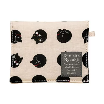 San-X 小襪貓貓咪黑圓點系列棉布面紙小物收納袋。米