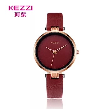 KEZZI珂紫 K-1820 素雅簡約玫色指針壓紋皮質錶帶手錶- 酒紅