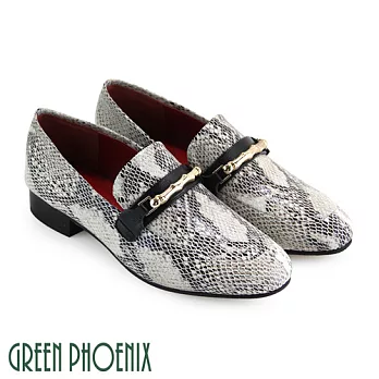 【GREEN PHOENIX】女 休閒鞋 福樂鞋 國際精品 金屬 皮革壓紋 義大利胎牛皮 平底 EU36 灰色