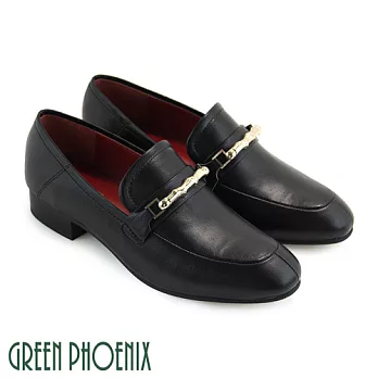 【GREEN PHOENIX】女 休閒鞋 福樂鞋 國際精品 金屬 皮革壓紋 義大利胎牛皮 平底 EU35.5 黑色