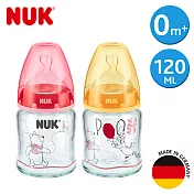 德國NUK-迪士尼寬口玻璃奶瓶120ml-附1號中圓洞矽膠奶嘴0m+(顏色隨機出貨)