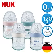 德國NUK-自然母感玻璃奶瓶120ml-附1號中圓洞矽膠奶嘴0m+(顏色隨機出貨)