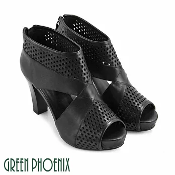 ◤Green Phoenix◥雷射雕花交叉鏤空全真皮高跟魚口涼鞋EU34黑色
