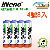 【iNeno】高容量4號/AAA鎳氫充電電池1100mAh 8入(重複使用 環保安全愛地球)