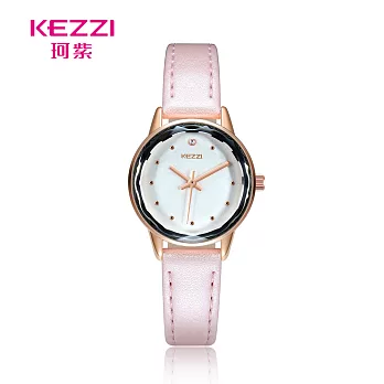 KEZZI珂紫 K-1774 小清新點鑽刻度星芒切玻皮帶錶- 粉色