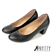 【Pretty】女 中跟鞋 粗跟 素面 OL通勤 上班 面試 台灣製 JP22.5 黑色