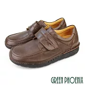 【GREEN PHOENIX】男 休閒皮鞋 素面 縫線 魔鬼氈 沾黏式 全真皮 台灣製 EU40 咖啡色