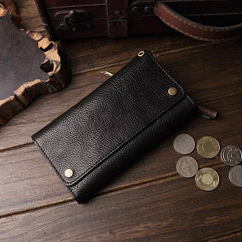 【solomon皮件】水洗刷紋牛皮釦式長夾釦式真皮長夾手拿包有零錢袋夾層多格卡片夾層-黑色