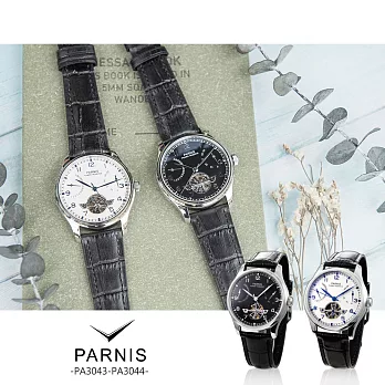 【完全計時】手錶館│PARNIS 陀飛輪造型自動上鍊機械錶 背鏤空 兩色【PA3043】【PA3044】白色鏡面