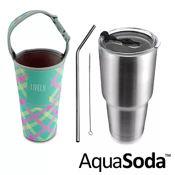美國AquaSoda 304不鏽鋼雙層保溫保冰杯(含提袋超值組合)-菱格水藍