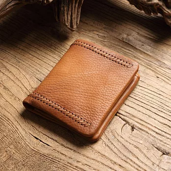 【Solomon皮件】真皮立體縫線直式短夾-棕橘