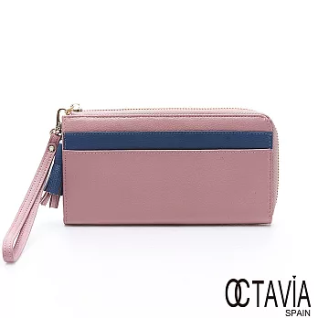 OCTAVIA 8 真皮 - 我的界線 手挽式 L 型拉鍊牛皮二用長夾 - 藍線粉