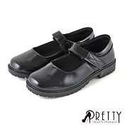 【Pretty】女 學生鞋 皮鞋 瑪莉珍 沾黏式 圓頭 低跟 台灣製 JP25.5 黑色
