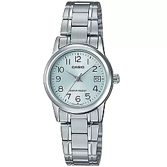 CASIO 卡西歐 LTP─V002D 簡約數字小錶面日期顯示鋼帶錶 ─ 銀藍 2B