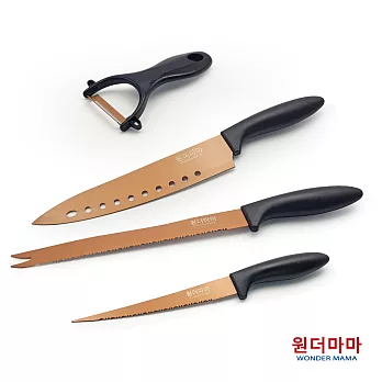 【韓國WONDERMAMA】420不鏽鋼玫瑰金刀具組(主廚刀+麵包刀+萬用刀+刨刀)