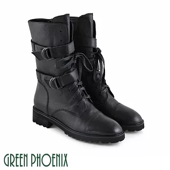 ◤Green Phoenix◥國際精品極簡素面雙皮扣綁帶義大利小牛皮中筒靴EU36黑色