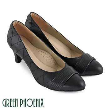 ◤Green Phoenix◥一字帶縫線格紋全真皮尖頭高跟鞋JP22黑色