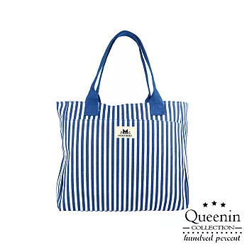 DF Queenin流行 - 直條紋手提肩背帆布托特包-共2色藍