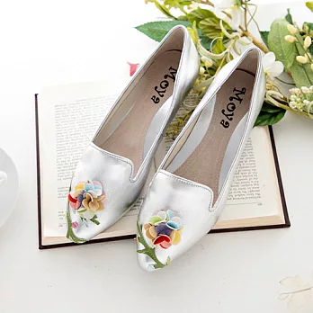 【AMEBER】愛小玫瑰日系小羊皮手工鞋微尖頭軟皮樂福鞋平底鞋娃娃鞋-銀色JP23銀色