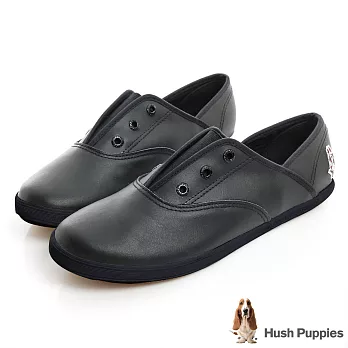 Hush Puppies 質感真皮咖啡紗帆布鞋US5黑色