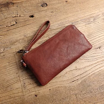 【Solomon皮件】水洗牛皮拉鍊長夾手拿包 附手腕帶-棕紅