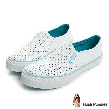 Hush Puppies 涼感沖孔咖啡紗皮質中性懶人鞋US3.5白/湖綠