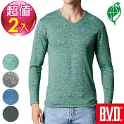 BVD 再生彩紋輕暖絨V領長袖衫(四色可選)-2入組M麻綠紋