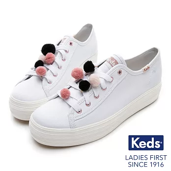 【Keds】TRIPLE KICK 毛球裝飾厚底綁帶休閒鞋(白)US6白
