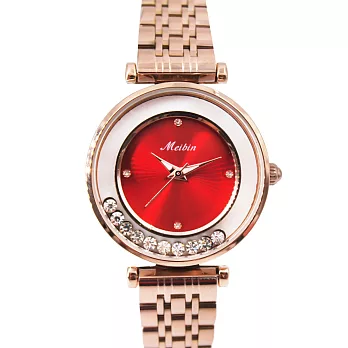 MEIBIN 美賓 M1230M 低調奢華璀璨滑鑽淑女鐵帶腕錶(隨機附贈手練) - 紅色