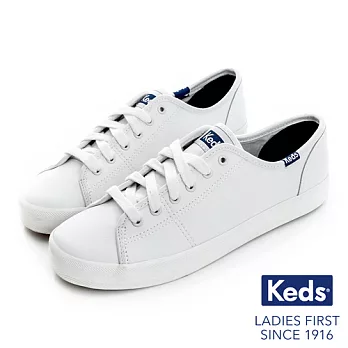 【Keds】時尚運動基本綁帶皮質休閒鞋US6.5白